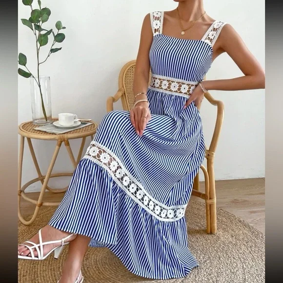 Boho Stripes Floral Sheer Mesh Lace Tiered Cami Maxi Dress - Picture 1 of 6